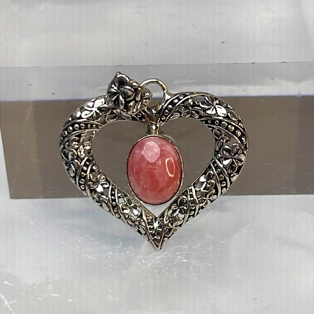 Heart Pendant Necklace with Pink Rhodocrosite center